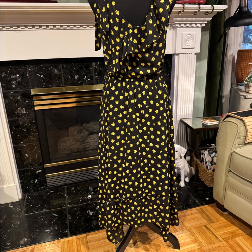 Who What Wear Black Asymmetrical Dress with Yellow Print